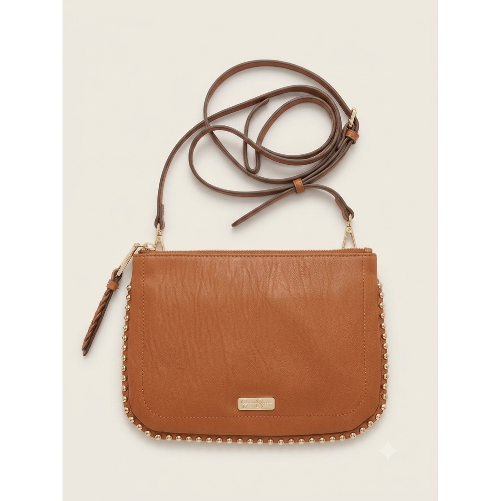 Jessica Simpson Cognac Brown Studded Triple Zip Crossbody Bag Gold‎ Hardware